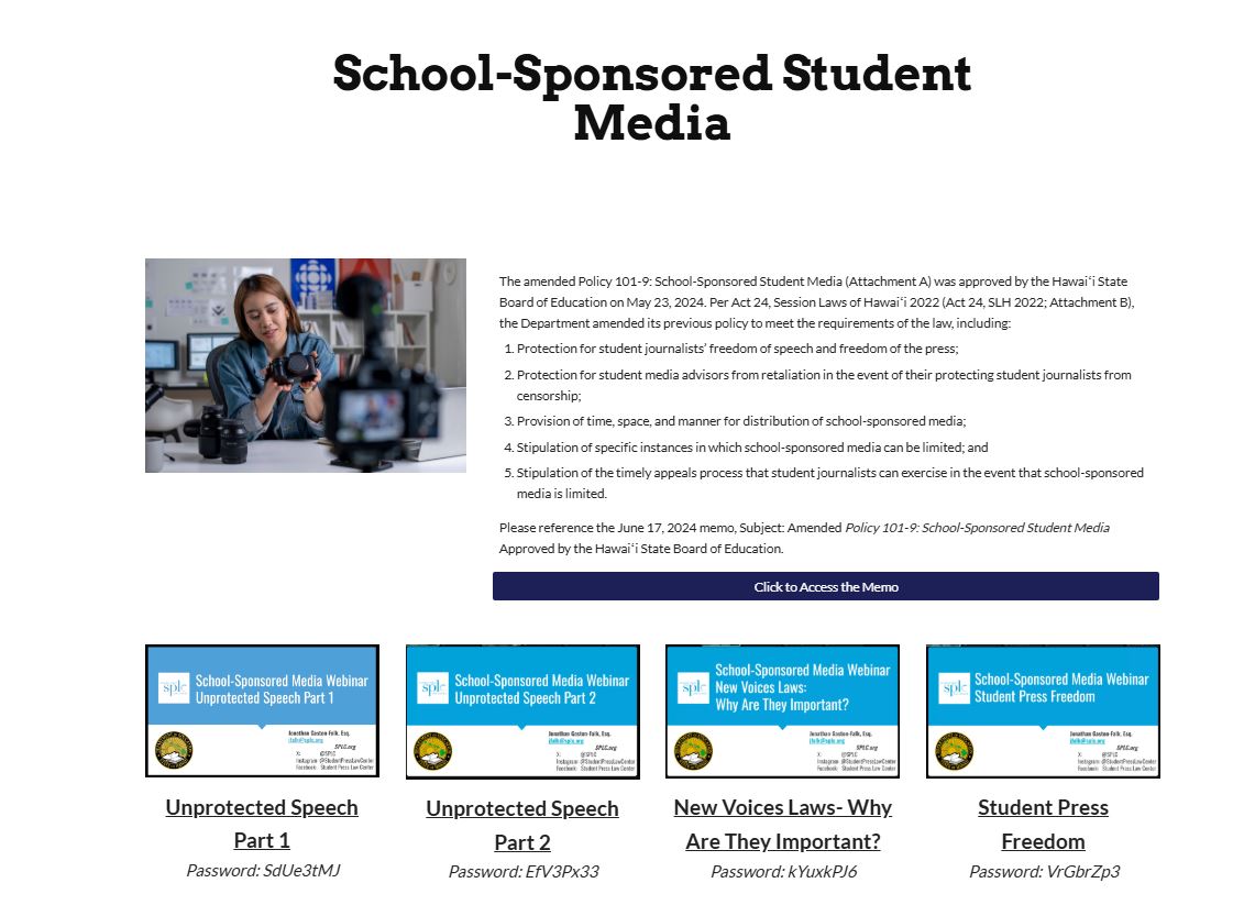 Webinars: Hawaii DOE School-Sponsored Student Media Rules and Responsibilities